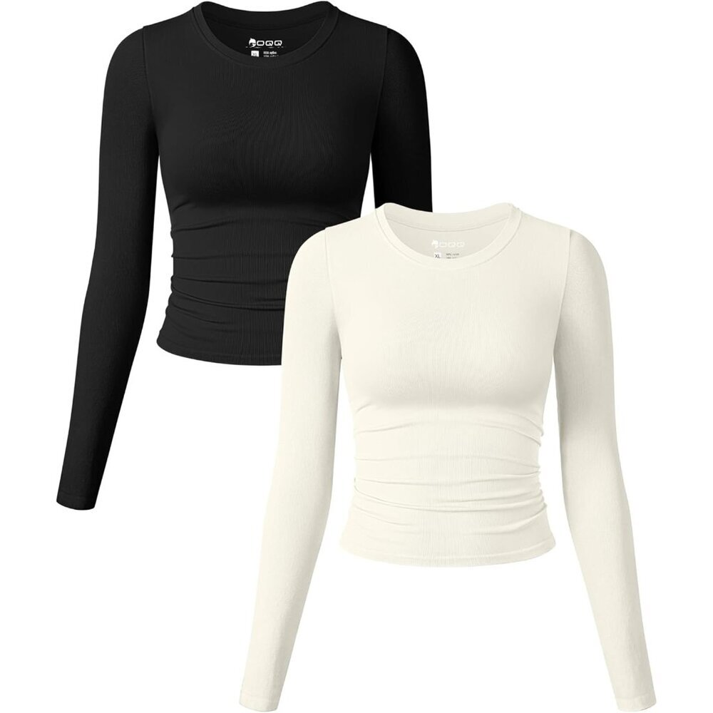 Women's Long Sleeve Crew Neck Ruched Stretch Fitted Tee Top Casual Active